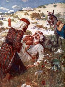 De barmhartige samaritaan verzorgt de gewonde reiziger.
