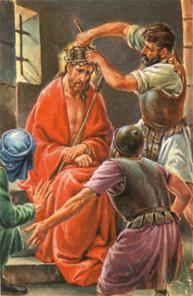 Jezus wordt door romeinse soldaten gekroond met een doornen kroon