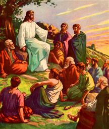 Jezus predikt tot de mensen op de berg