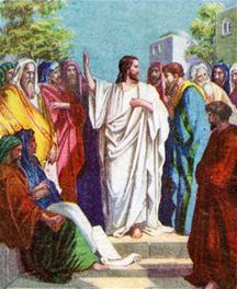 Jezus verwijst naar de Schrift terwijl hij spreekt met de schare
