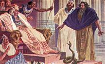 Mozes werpt zijn staf voor Farao's voeten die dan in een slang verandert