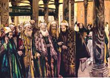Een groep farizeen, saduceen of schriftgeleerden vergaderen