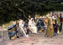 Jezus zit met zijn dicipelen op een muur uit te rusten als er farizeen langs komen om hem te verzoeken
