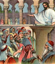 Jezus leest een boekrol in een synagoge