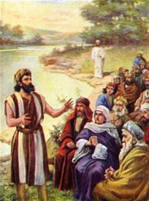 Johannes spreekt tot de mensen aan de oever van de Jordaan.
