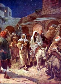 Jozef leidt de ezel met Maria een drukke straat in