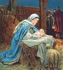 Maria die Jesus in de kribbe legt