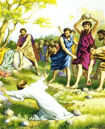 Stefanus wordt gestenigd terwijl Paulus (Saulus) de jassen bewaart