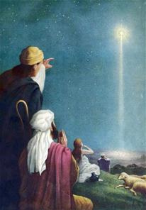 De wijzen en herders kijken naar de ster die boven Bethlehem schijnt