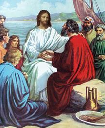 Simon petrus spreekt met Jezus aan de kust van het meer van tiberias