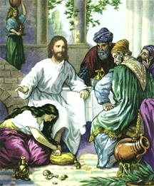 De zondares wast Jezus' voeten met zalf en droogt ze met haar haar