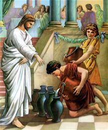 Jezus verandert het water in wijn op de bruiloft in Kana.
