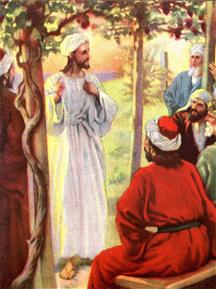 Jezus staat onder een wijnrank te spreken tot zijn dicipelen die in de schaduw zitten