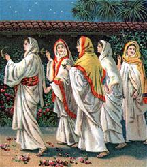 De vijf wijze maagden lopen met gevulde lampen