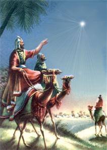 De drie wijzen op kamelen die de ster volgen